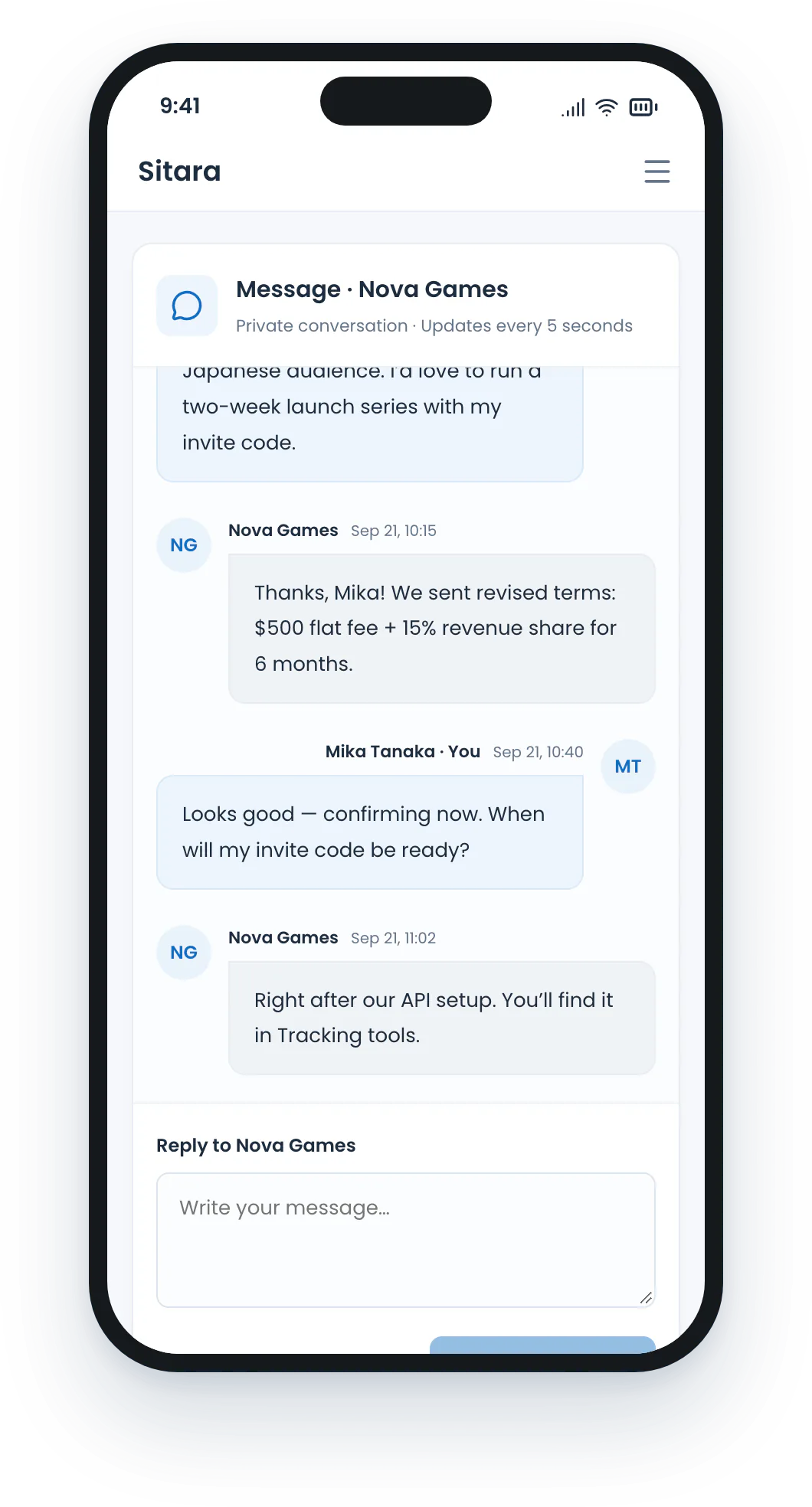 Sitara creator chat with a brand about campaign terms